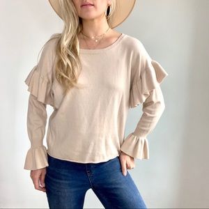 Umgee Tan Ruffle Sleeve Sweater